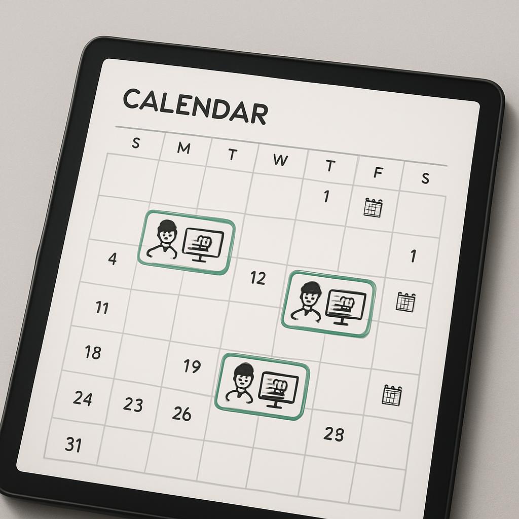 Graphic representation of a digital calendar with a tablet displaying March 31 on the lower left. Three tiled-style icons ...
